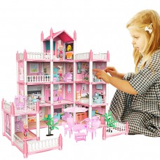 YOUKUKE Dollhouse - 4 Tier 11 Rooms Pink DIY Role Play Playset with RGB LED Strip Light