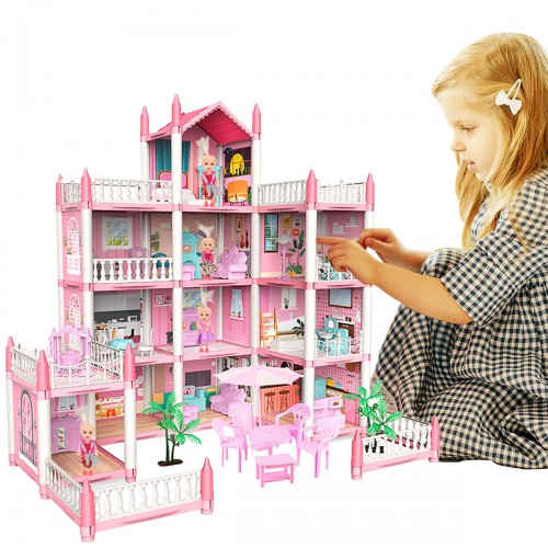 YOUKUKE Dollhouse - 4 Tier 11 Rooms Pink DIY Role Play Playset with RGB LED Strip Light